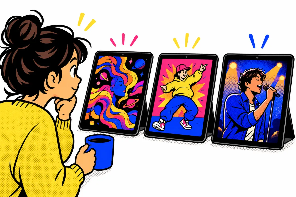 A person with a coffee mug compares three tablets showing an abstract animation, a cartoon dancer and a singer on stage