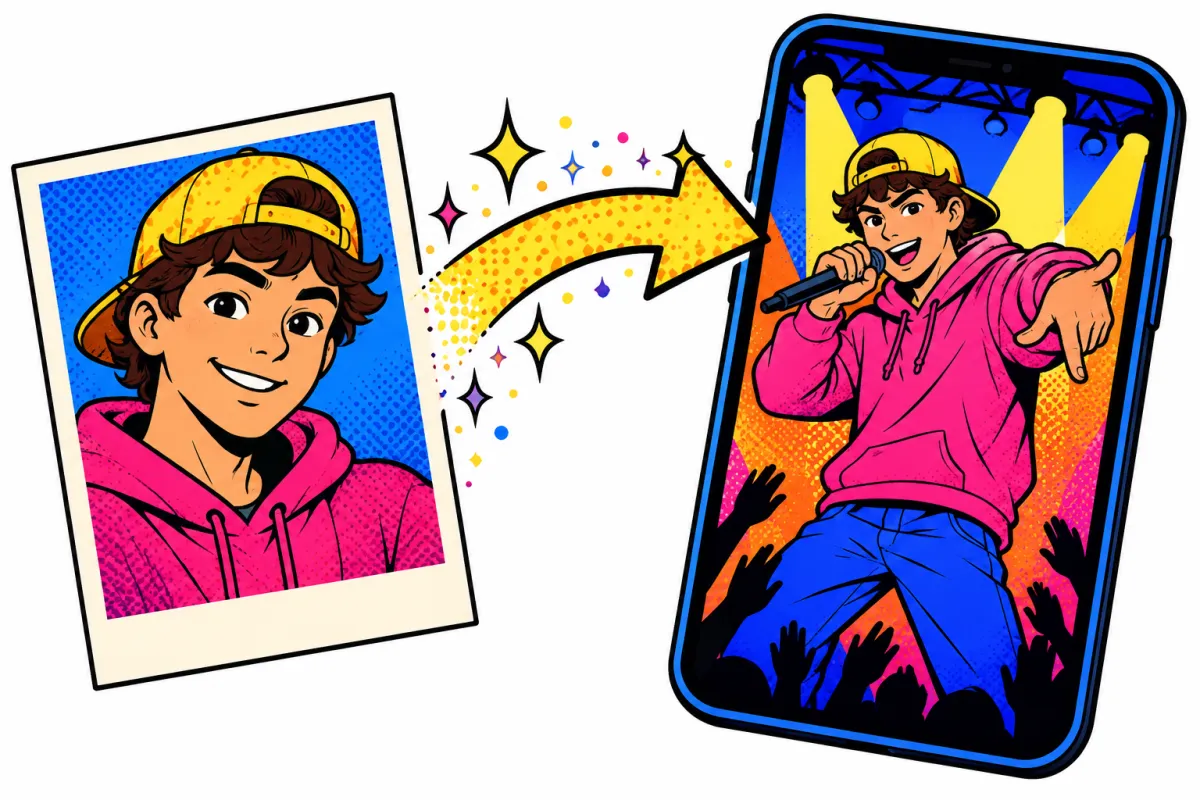 A selfie print turns, along a sparkly arrow, into a phone video of the same cartoon person rapping on a lit stage