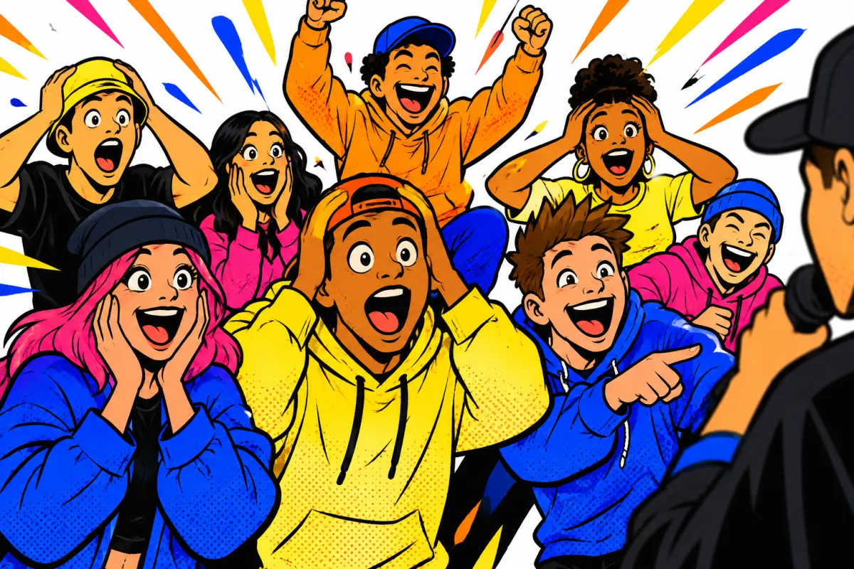 A crowd of cartoon friends with hands on their heads and mouths wide open, reacting to a rap battle punchline