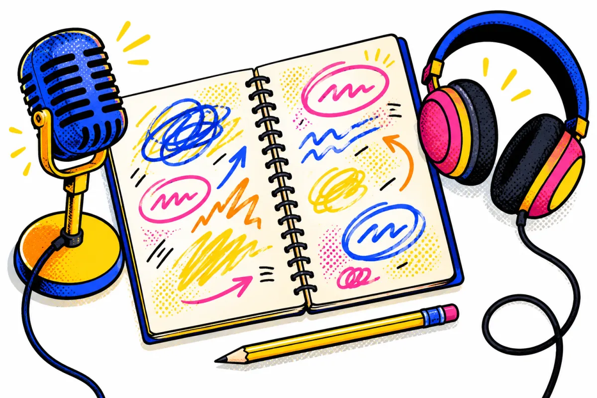 Open spiral notebook full of colorful scribbles and arrows, beside a vintage microphone, headphones and a pencil