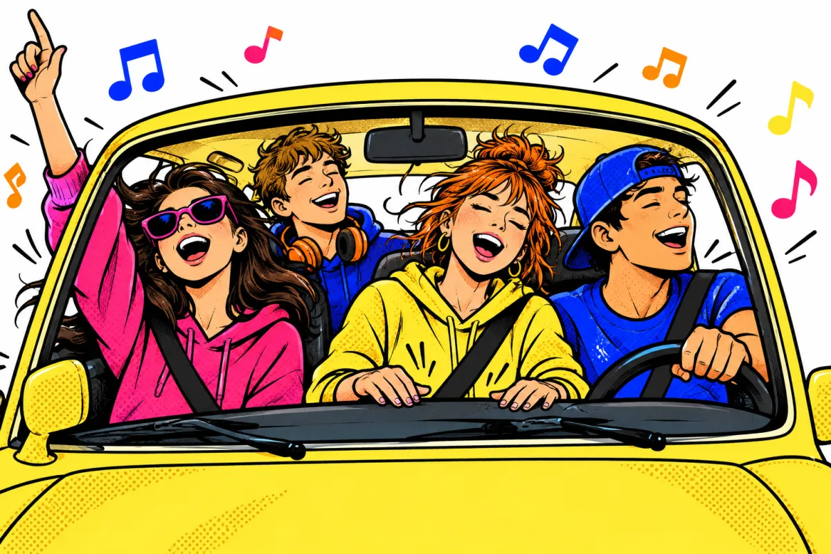 Four friends sing along loudly in a yellow car with the windows down, one waving a hand in the air