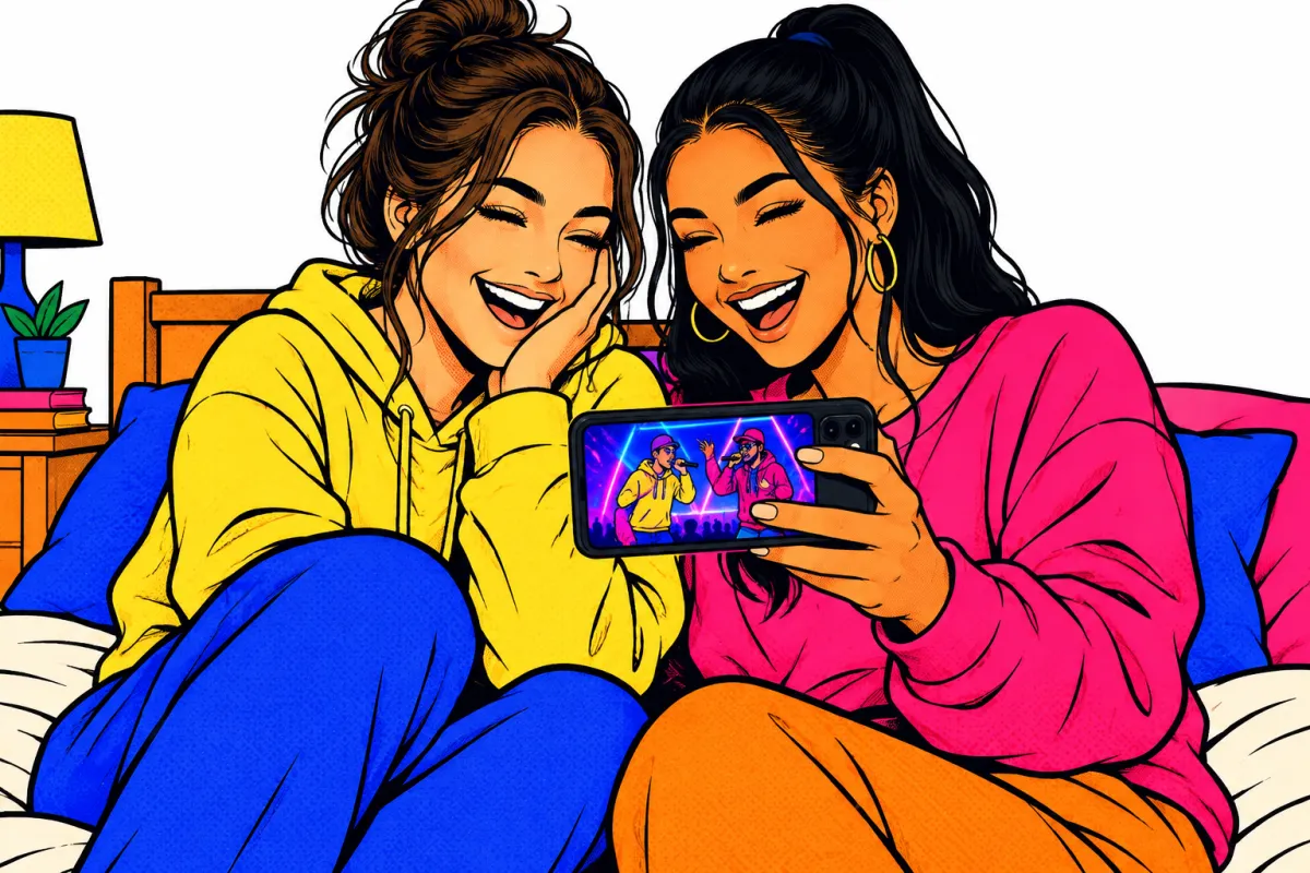 Two friends sit on a bed laughing at a phone that plays a rap video of two performers on a neon stage